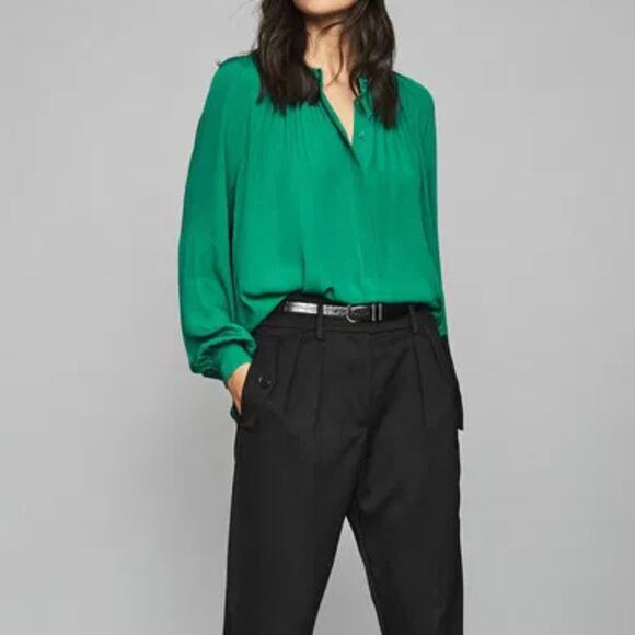 Reiss NWT Gwen Green Long Gathered Blouson Sleeve Cocktail Business Blouse - Picture 1 of 16